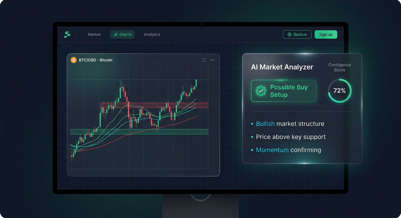 AI Market Analyzer - Chart analysis dashboard showing AI-powered buy, sell, or wait analysis results