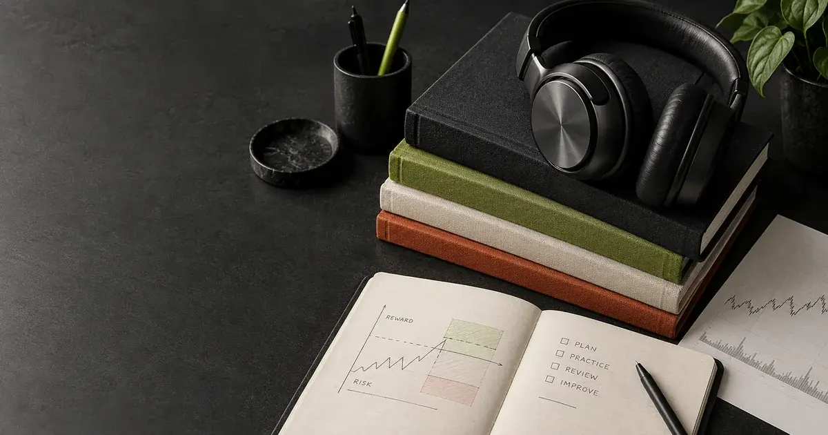 Stack of unbranded trading books with headphones, a risk notebook, and a market chart