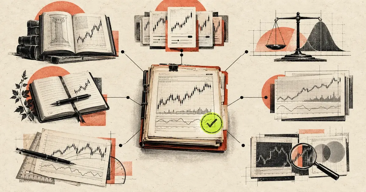 Editorial illustration connecting trading education, documented strategies, risk, testing, journaling, and research