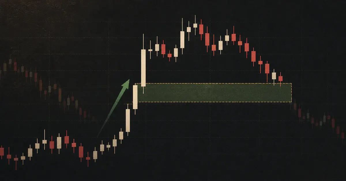 Candlestick chart illustrating a bullish displacement and a highlighted fair value gap retracement zone