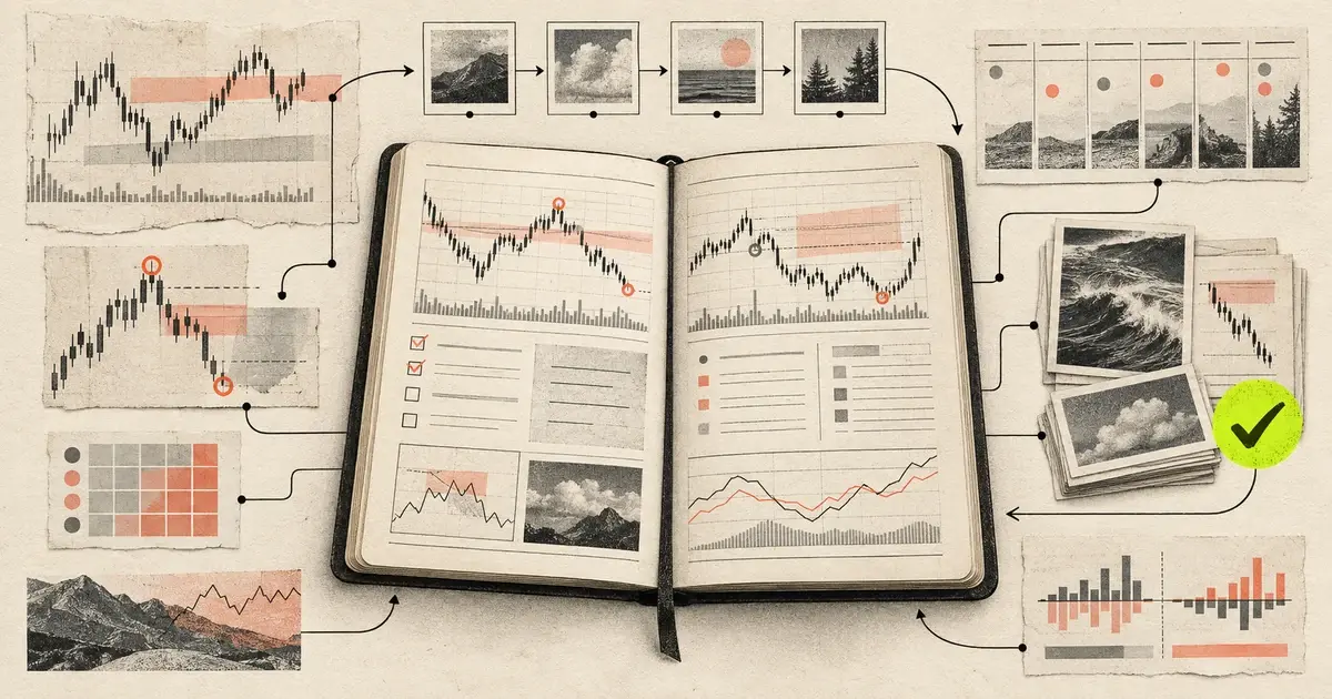 Illustrated trading journal connecting trade plans, chart evidence, rule checks, and weekly review