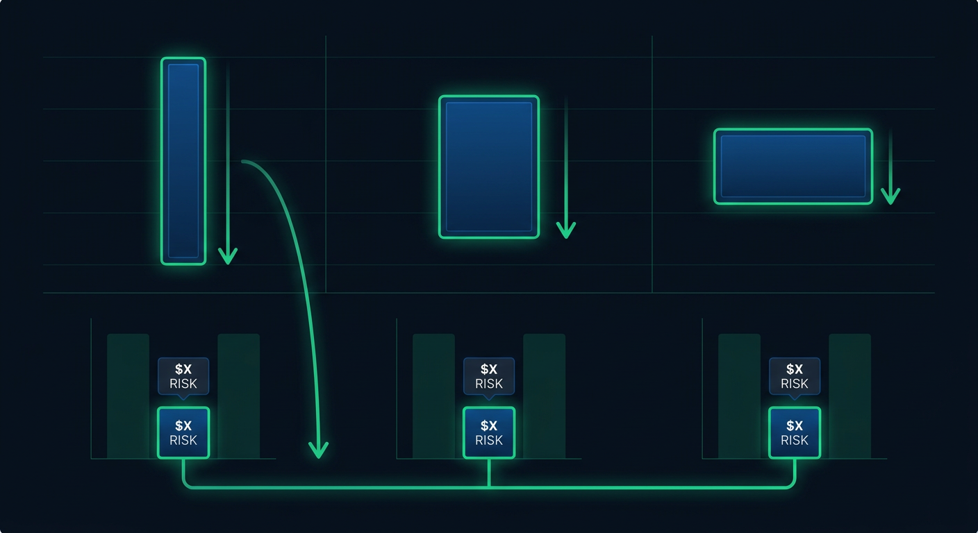 Position sizing concept showing different trade sizes with same risk