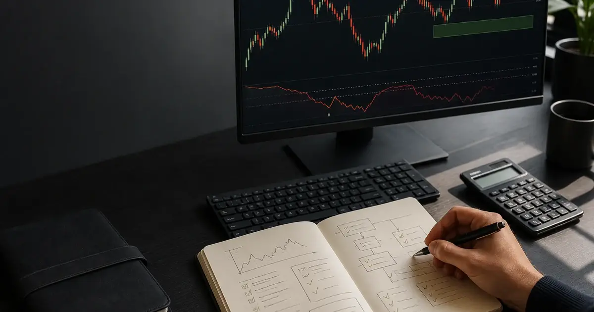 Active trader reviewing a written risk plan beside a chart and position-size calculator