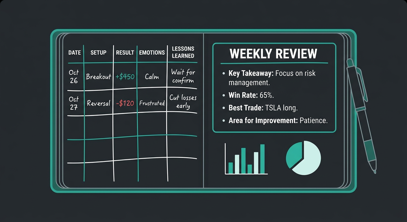 Open trading journal with trade entries, statistics, and weekly review