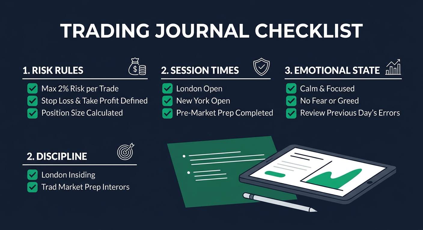 Trading journal checklist showing risk rules, session times, and emotional state tracking