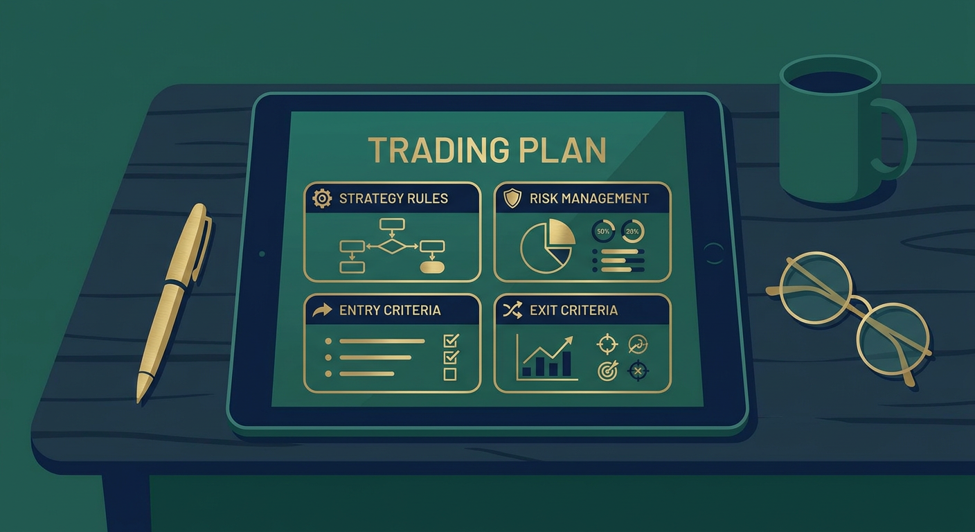 Structured trading plan document with strategy rules, risk management, and entry/exit criteria